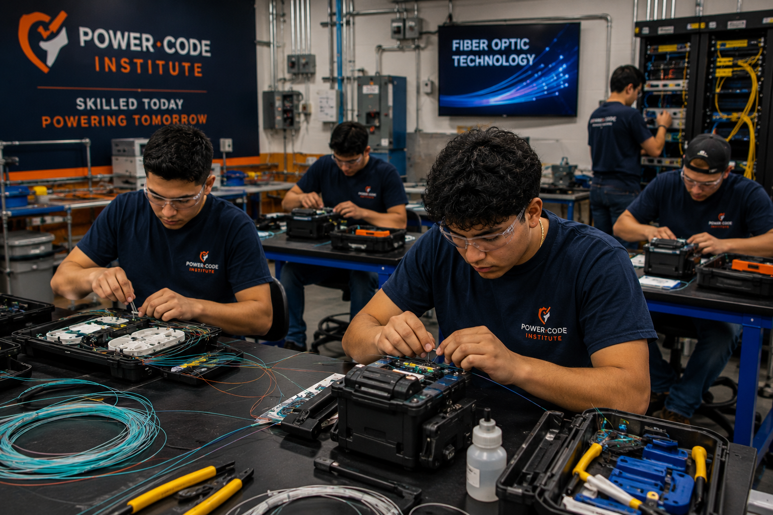 Students working with fiber optic technology in the PowerCode training lab