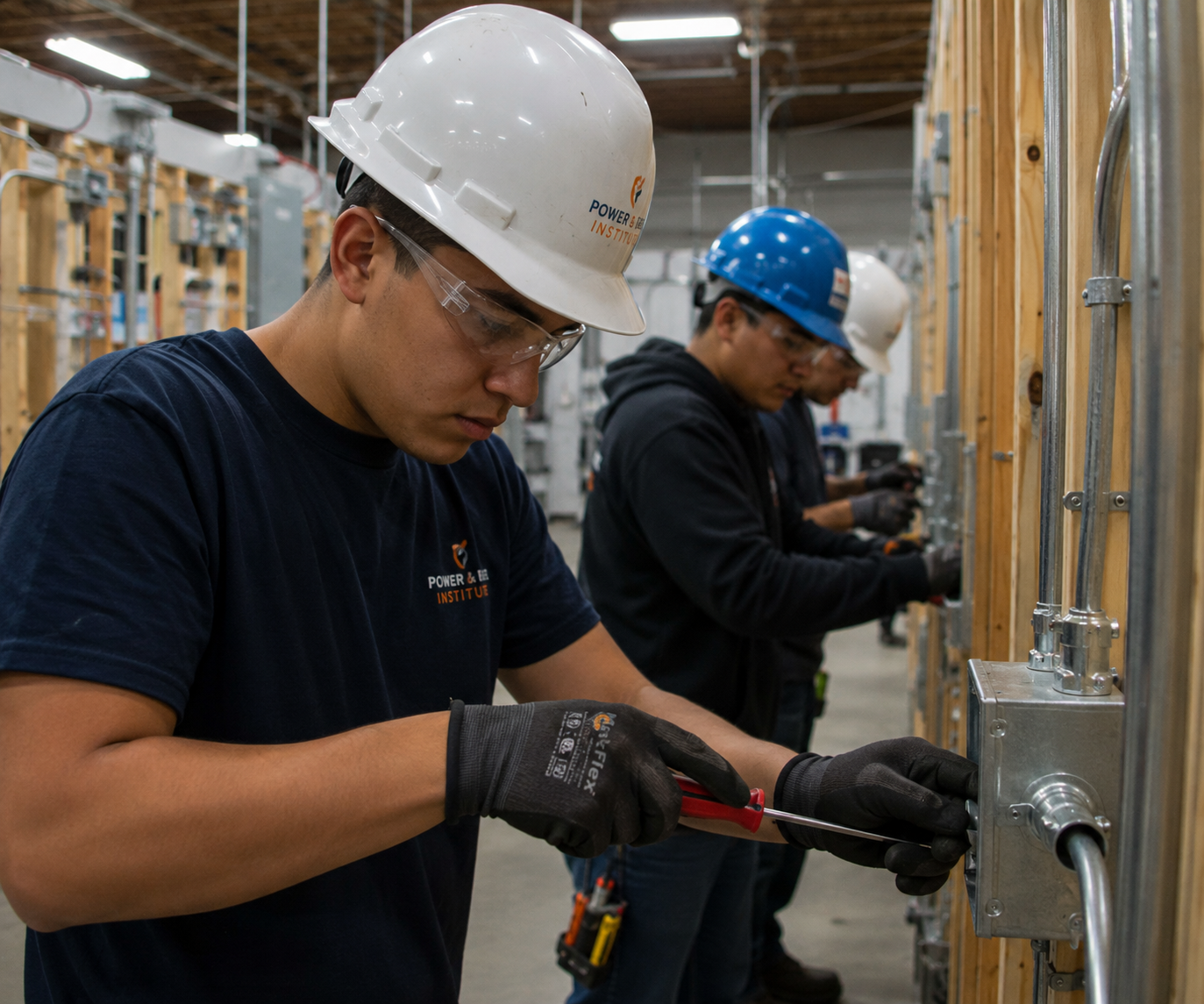 Students working with electrical conduit and junction boxes in the PowerCode training lab
