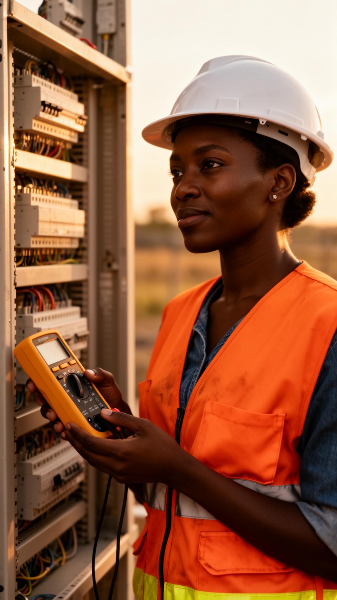 Electrical apprentice with multimeter on the job site